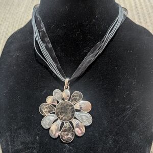 BOHO GYPSY SILVER SUNFLOWER PENDANT LEATHER SUEDE CORD NECKLACE CHOKER JEWELRY
